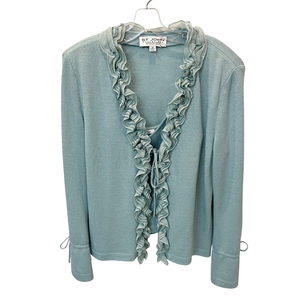 St John Blue Green Ruffle Santana Knit Cardigan and Camisole Set Size 12 LARGE